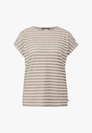 T-shirt beige à manches courtes avec des rayures blanches horizontales, un col rond et une coupe décontractée. Fabriqué en tissu doux et léger.