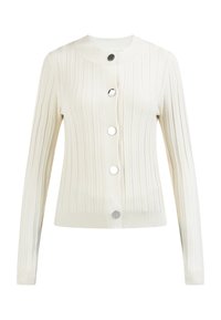 Cardigan a coste avorio realizzato in tessuto morbido. Presenta un collo rotondo e cinque bottoni argentati lungo la parte frontale. Design con maniche lunghe.