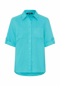 Camicia turchese a maniche corte con colletto, due tasche sul petto e maniche arrotolabili. Realizzata in tessuto leggero con una texture liscia.