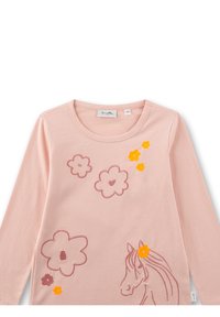 Hellrosa langärmliges Hemd mit bestickten Blumen in Pink, Orange und einem Einhorn-Design unten links. Weicher Baumwollstoff.