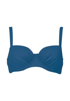 Sinine polsterdatud traadiga rinnahoidja reguleeritavate sangade ja kortsuliste karpidega, kujutatud valgel taustal.