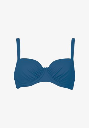 Sinine polsterdatud traadiga rinnahoidja reguleeritavate sangade ja kortsuliste karpidega, kujutatud valgel taustal.