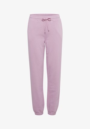 Heledad roosa dressipüksid, mis on valmistatud pehmest kangast. Neil on elastne vöökoht koos reguleeritava nööriga ning jalge alt kitsenevad varrukad.