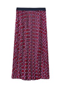 Gonna plissettata con un elastico blu navy, caratterizzata da un motivo astratto a catena nei colori rosso, rosa e bianco su un tessuto leggero, design di lunghezza media.