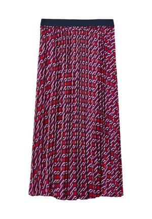 Pleated skirt with a navy waistband, featuring a red, pink, and white abstract chain pattern on a lightweight fabric, mid-length design.