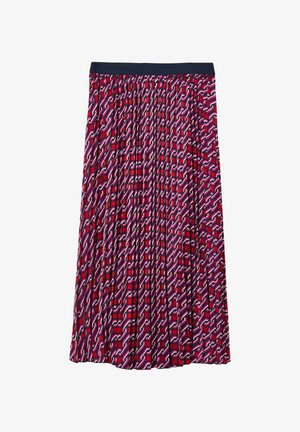 Pleated skirt with a navy waistband, featuring a red, pink, and white abstract chain pattern on a lightweight fabric, mid-length design.
