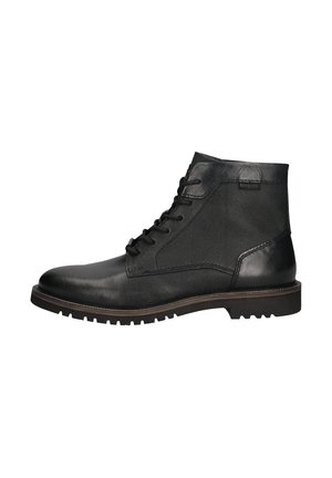 Schwarze Knöchelboots aus einer Kombination aus glattem und strukturiertem Leder, runder Zehenform, Schnürdesign und geriffelter Gummisohle für besseren Halt.