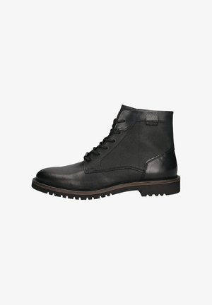 Schwarze Knöchelboots aus einer Kombination aus glattem und strukturiertem Leder, runder Zehenform, Schnürdesign und geriffelter Gummisohle für besseren Halt.