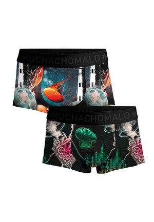 Two pairs of boxer briefs with black waistbands; one shows space rockets and planets, the other features steampunk hearts, gears, and a green airship.