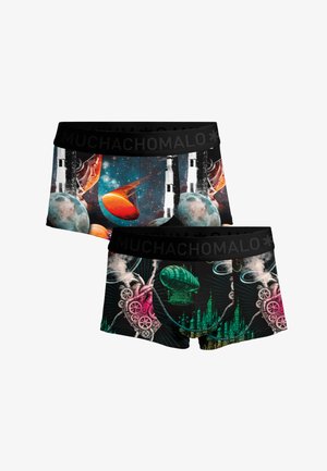 Two pairs of boxer briefs with black waistbands; one shows space rockets and planets, the other features steampunk hearts, gears, and a green airship.