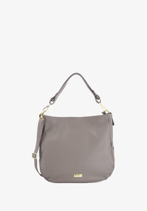 Graue Leder-Schultertasche mit goldenen Beschlägen.weiche Textur, lässiges Design, ein einzelner Tragegurt und abnehmbarer Umhängegurt. Subtiles Logo-Detail.