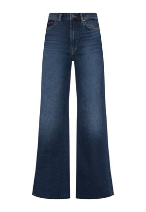 Jeans in denim scuro a gamba larga con vita alta, dotati di chiusura a bottone, cinque tasche e una leggera scoloritura per un look classico.