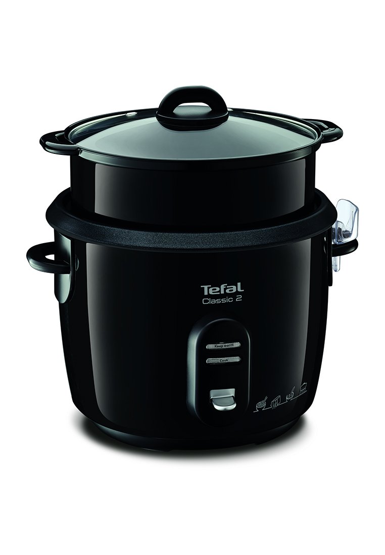 Zwarte rijstkoker met een glazen deksel, twee bedieningsknoppen met de labels "Warm houden" en "Koken," ronde behuizing, en geen zichtbare patronen of accenten.