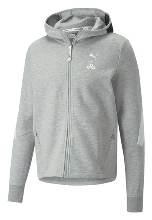 Lysegrå hættejakke med lynlås, forlommer, hætte, hvidt Puma-logo og Cloud9-emblem på brystet.