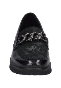 Black loafers feature a shiny patent finish, a textured suede panel, and a metallic chain accent across the upper. Robust rubber outsole.