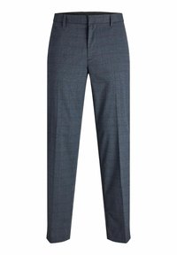 Szürke kockás nadrág, textúrált anyagból, lapos elejű, egyenes lábakkal, szabvány derékrészsel és övtartókkal.