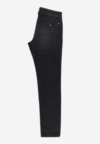 Black denim jeans with a straight-leg design, featuring a button closure and one back pocket. Smooth texture and minimal stitching details.