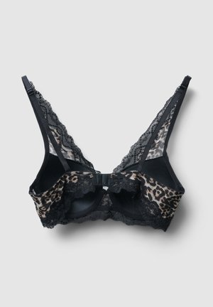 Reggiseno in pizzo nero con dettagli in tessuto leopardato, spalline regolabili e supporto con ferretto, esposto su uno sfondo grigio chiaro.