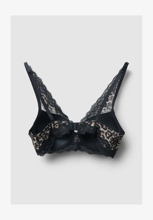 Reggiseno nero con pannelli in stampa leopardata e bordi in pizzo, dotato di spalline regolabili e supporto con ferretto, esposto su uno sfondo grigio.