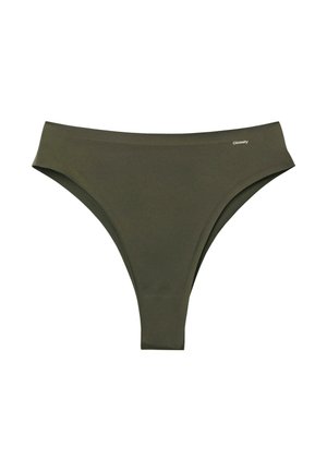 Slip da bikini verde oliva con un design a taglio alto, realizzato in tessuto morbido con un sottile dettaglio del logo. Nessun motivo visibile o accessori.