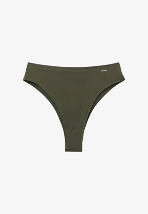 Slip da bikini verde oliva con un design a taglio alto, realizzato in tessuto morbido con un sottile dettaglio del logo. Nessun motivo visibile o accessori.