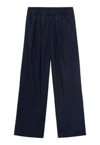 Navy wijde pijpenbroek van luchtige stof, met een elastische tailleband en twee zijzakken voor praktisch gebruik.