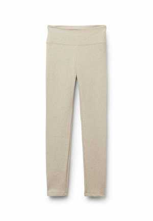 Beiga ribbade leggings med ett brett midjeband, tillverkade i ett elastiskt material med en tajt passform från midjan till ankeln. Inga märkbara mönster eller detaljer.