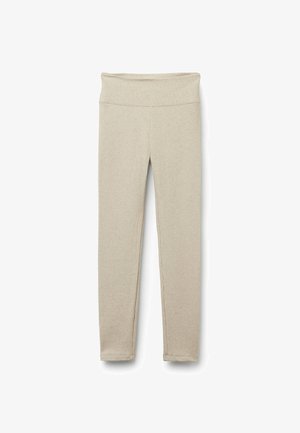 Beiga ribbade leggings med ett brett midjeband, tillverkade i ett elastiskt material med en tajt passform från midjan till ankeln. Inga märkbara mönster eller detaljer.