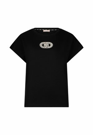 Zwart katoenen T-shirt met korte mouwen, voorzien van een decoratieve ovale patch met strasstenen in het midden, een ronde hals en een losse pasvorm.