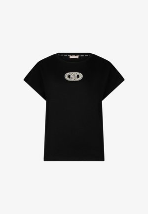 Zwart katoenen T-shirt met korte mouwen, voorzien van een decoratieve ovale patch met strasstenen in het midden, een ronde hals en een losse pasvorm.