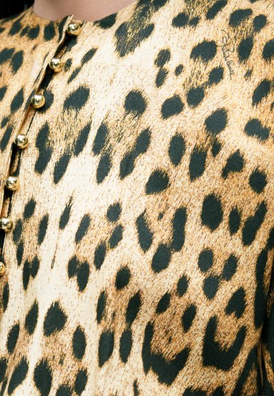 Blůza s leopardím vzorem v béžové a tmavě zelené barvě, s výraznými zlatými knoflíky podél předního zapínání. Měkká textilie.