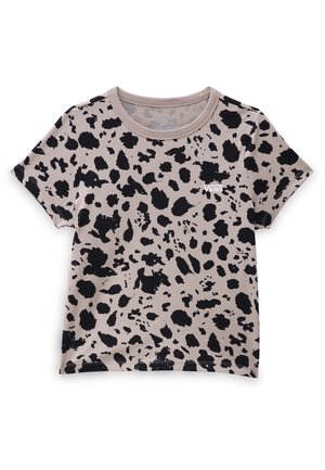 Beige Vans T-shirt met korte mouwen en een zwart onregelmatig gespikkeld patroon over het gehele materiaal.