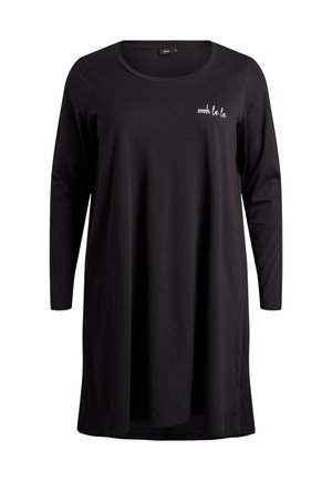 Čierna tunika s dlhým rukávom vyrobená z mäkkej látky, s okrúhlym výstrihom a drobným bielym nápisom „oooh la la“ na prednej strane.