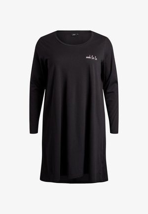 Črna tunika z dolgimi rokavi iz mehke tkanine, okrogel izrez in majhen bel napis "oooh la la" spredaj.