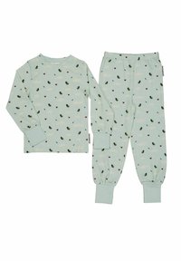 Ljusblå pyjamasset bestående av en långärmad topp och matchande byxor. Mönstret inkluderar bin, moln och små röda och blå detaljer. Tillverkat av bomull.