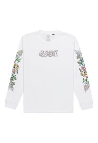 Hvid langærmet t-shirt med farverige grafiske design på begge ærmer og ordet "ELEMENT" på brystet i stiliseret skrifttype.