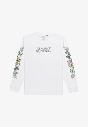 Hvid langærmet t-shirt med farverige grafiske design på begge ærmer og ordet "ELEMENT" på brystet i stiliseret skrifttype.