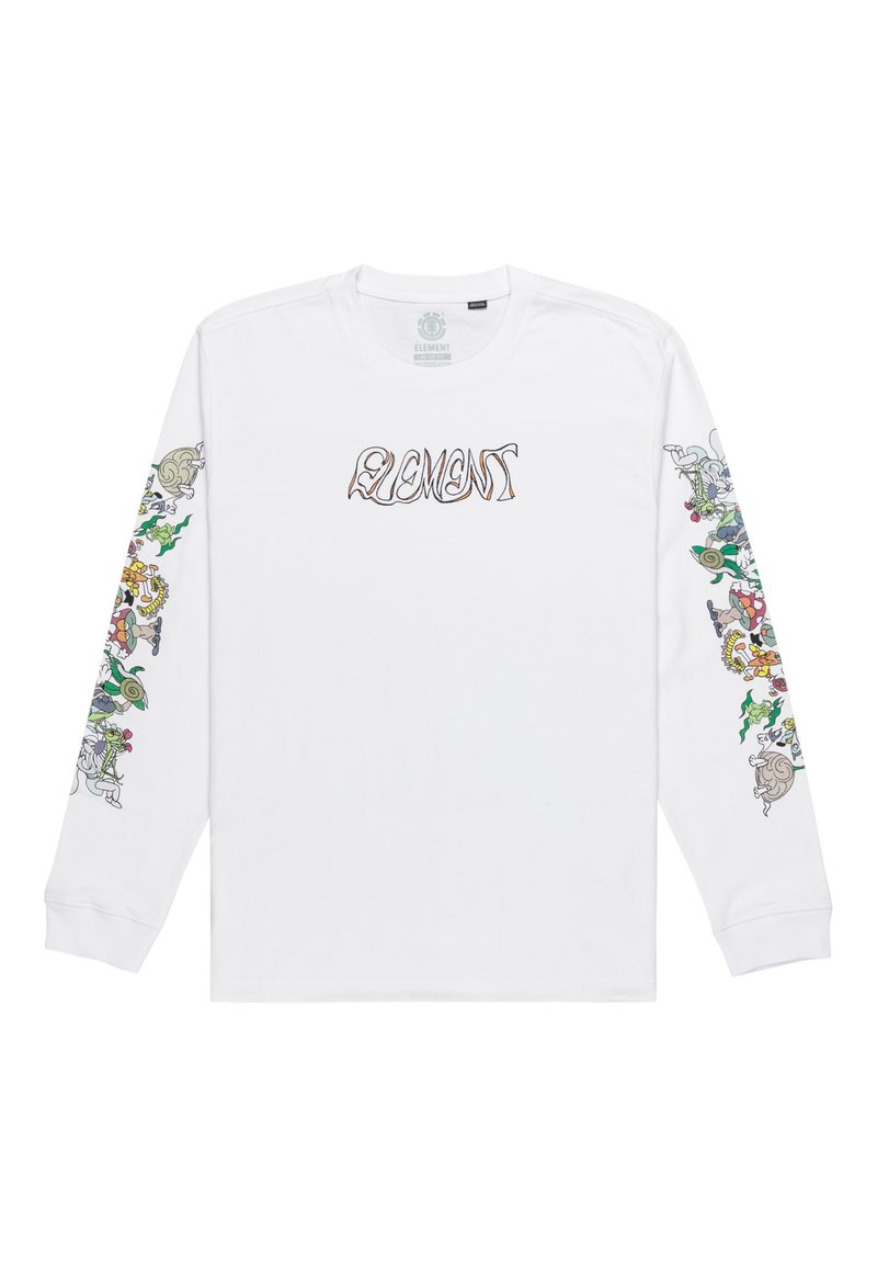 Hvid langærmet t-shirt med farverige grafiske design på begge ærmer og ordet "ELEMENT" på brystet i stiliseret skrifttype.