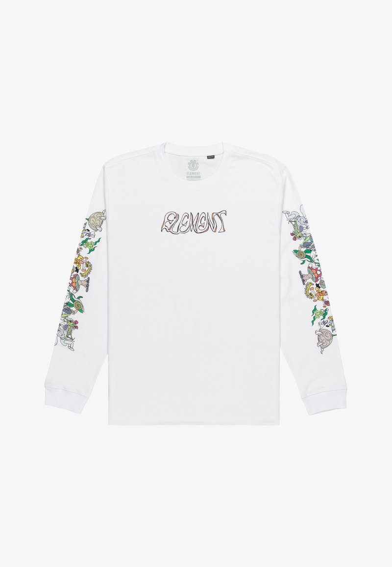 White long-sleeve t-shirt featuring colorful graphic designs on both sleeves and the word "ELEMENT" on the chest in stylized lettering.