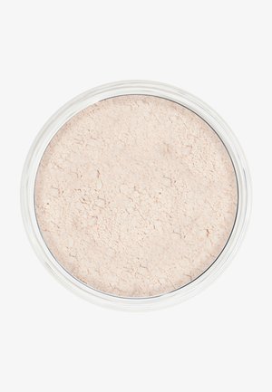 Loose powder in a circular container, featuring a light beige color with a fine, textured surface. Clear plastic lid with a silver rim.