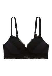 Bralette en dentelle noire avec un design en forme de triangle, des bretelles réglables et une bordure en dentelle festonnée le long des bords. Mélange de tissus doux.