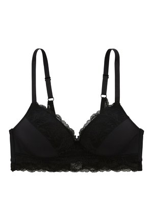 Bralette en dentelle noire avec un design en forme de triangle, des bretelles réglables et une bordure en dentelle festonnée le long des bords. Mélange de tissus doux.