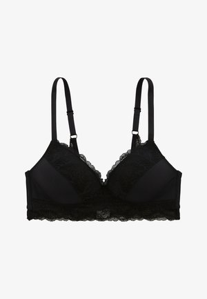 Bralette en dentelle noire avec un design en forme de triangle, des bretelles réglables et une bordure en dentelle festonnée le long des bords. Mélange de tissus doux.