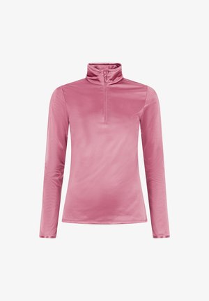 Camiseta de manga larga rosa con un cuello alto y cremallera de cuarto. Tejido suave y brillante; diseño ajustado para ropa de actividad.