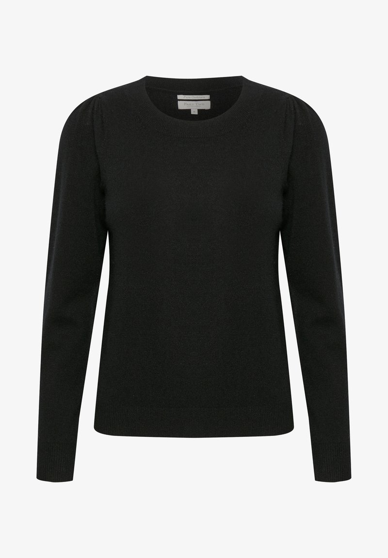 Pull en maille noire à manches longues et encolure ronde. Présente des détails de épaules légèrement bouffantes et une texture lisse.