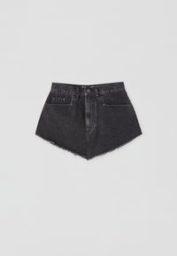 Black denim shorts with a high waist, frayed hem, and two front pockets. The design features a pointed shape and a single button closure.