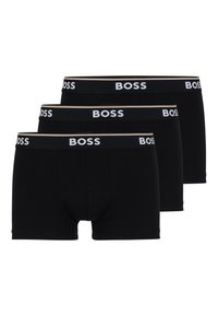 Black cotton boxer briefs in a pack of three, featuring a white "BOSS" logo waistband and a smooth, stretchy texture.