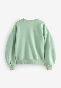 Felpa verde menta con una vestibilità morbida, scollo rotondo, maniche lunghe a sbuffo e polsini e orlo a costine. Tessuto morbido, dettagli minimi.