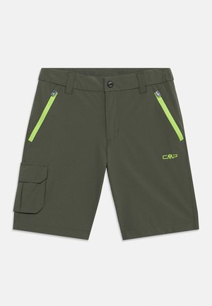 Grønne cargoshorts med to neongule glidelåslommer foran, en sidelomme med klaff, beltehemper, knappelukking og CMP-logo på høyre ben.