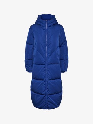 Long blue puffer coat with a hood, front zipper closure, and quilted texture. Features a knee-length design with a chevron pattern.